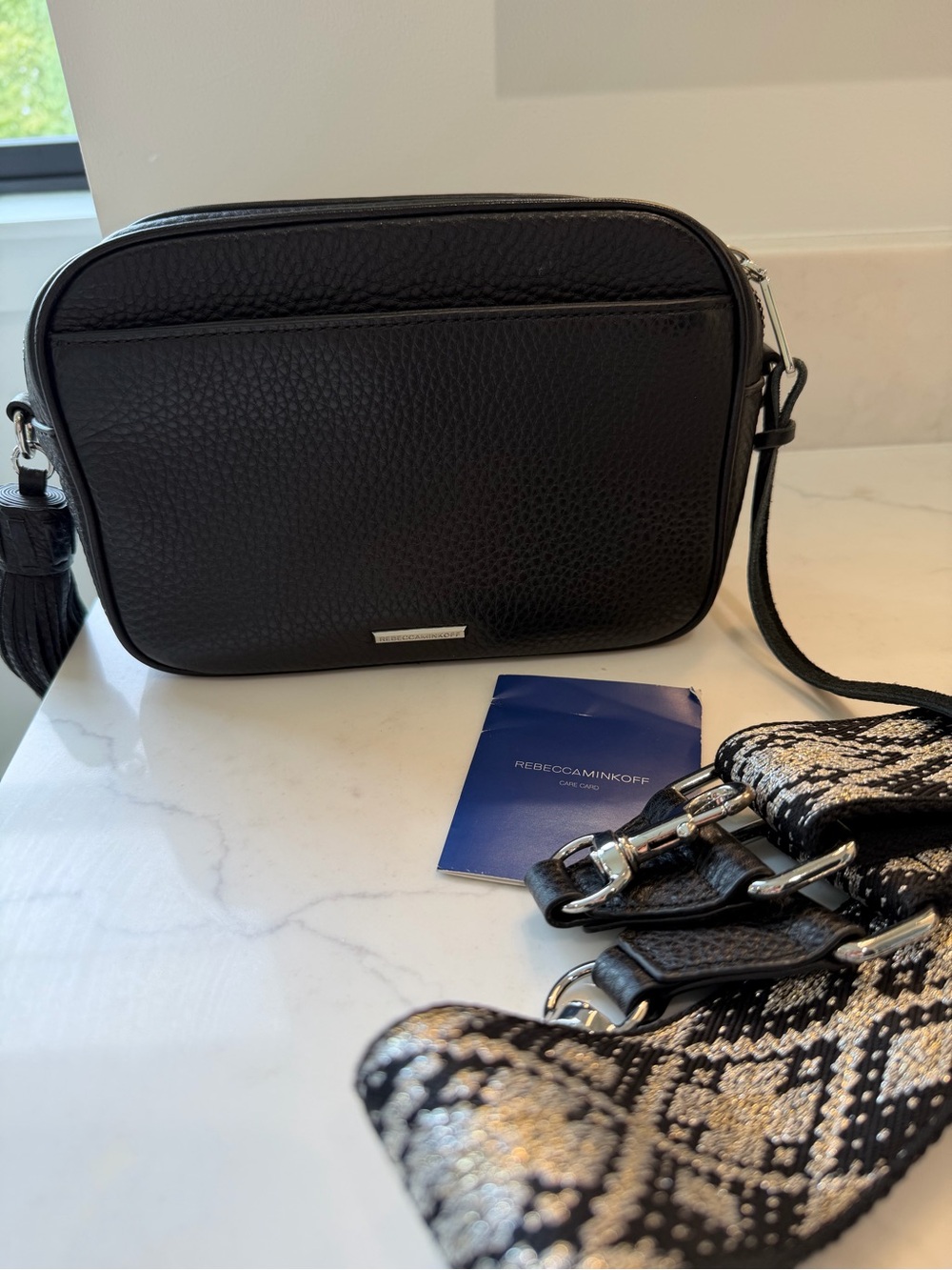 Rebecca Minkoff Black Pebbled Leather Bag with Patterned Strap